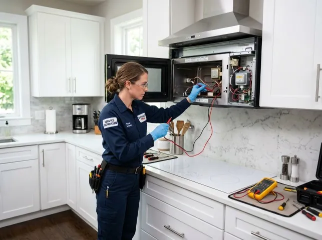 Appliance Repair Hero technician testing an over-the-range microwave in a Amory, MS kitchen